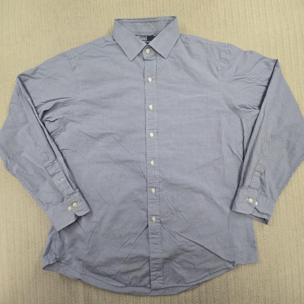 Polo Ralph Lauren Shirt Mens‎ 17.5 34/35 XL Blue Gingham Regent Slim Fit Dress